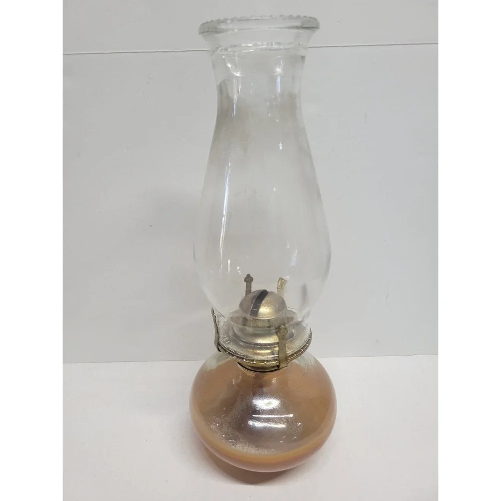 Vintage Amber Glass Oil Lamp with Clear Beaded Chimney 12in‎